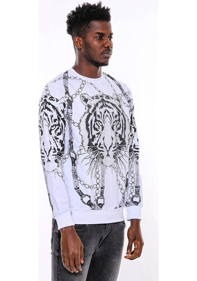 Wessi Beyaz Baskılı Ve Taşlı Bisiklet Yaka Sweatshirt Beyaz
