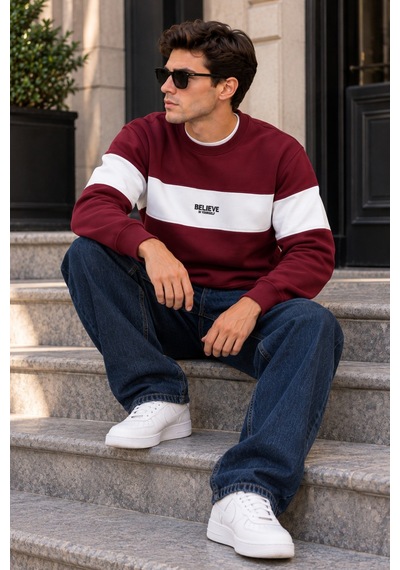 Tarz Cool Erkek Şerit Detaylı Believe Baskılı 3 İplik Şardonlu Bisiklet Yaka Sweatshirt Bordo