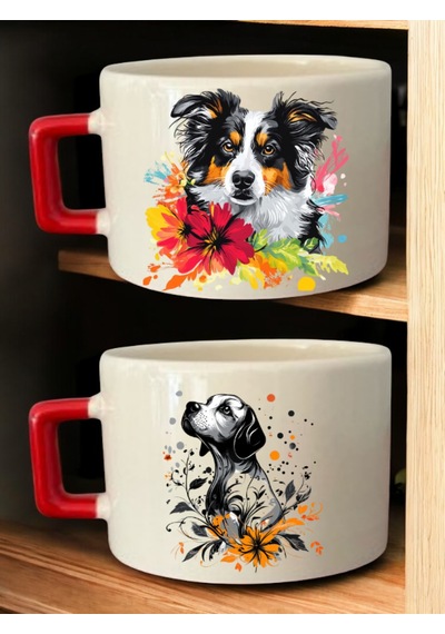 Köpek 2'li Kupa Bardak - Kupa Bardak Sevgiliye, Kupa Bardak Set, Kupa Bardak Seramik Beyaz