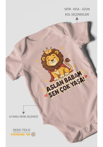 Morivokids Aslan Babam Sen Çok Yaşa Kısa Kollu Bebek Body %100 Pamuk Pastel Pembe