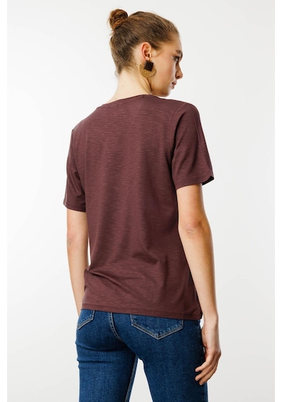 Kadın V Yaka Flamlı Kumaş Basic Tshirt Kahve Kahve