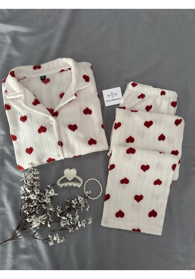 Mh Moony Homewears Ma Valantine Kışlık Yılbaşı Hediyesi Termal Polar Pijama Takımı Krem