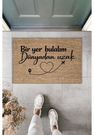 Rugmood Modern Dijital Baskı - Bir Yer Bulalım Dünyadan Uzak - Kapı Önü Paspası Kahverengi