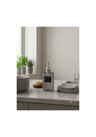 Premium Kare Desenli Silver Pompalı Cam Sıvı Sabunluk 500ml - 23 X 7 X 7 Cm Gri