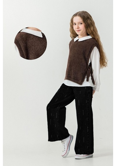 Miniko Kids Kız Çocuk Peluş Süveter Modelli 3lü Pantolonlu Takım Kahverengi