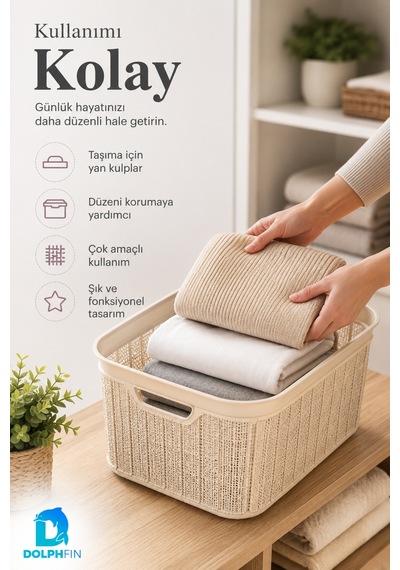 Jute Köşeli Sele Sepet 35 L 52,5x34,5x22,5 Cm Çamaşır Oyuncak Saklama Taşıma Sepeti Bej