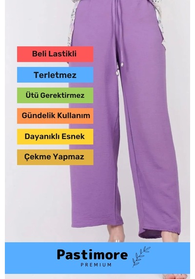 Yeni Sezon Terletmez Rahat Kalıp Beli Lastikli Bol Paça Salaş Yazlık Kadın Lila Aerobin Pantolon Lila