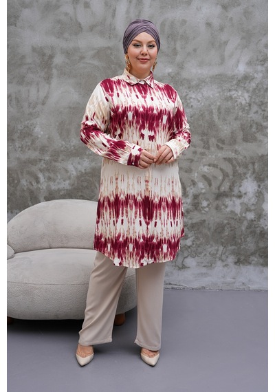 Polologin Butik Desenli Bordo Beyaz Uzun Tunik Bordo
