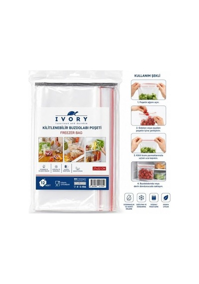 Ivory Kilitlenebilir Buzdolabı Poşeti 12 Adet 27 X 32 Cm - Gıdaya Uygun Dondurucu Ve Saklama Poşeti Ivo-7959