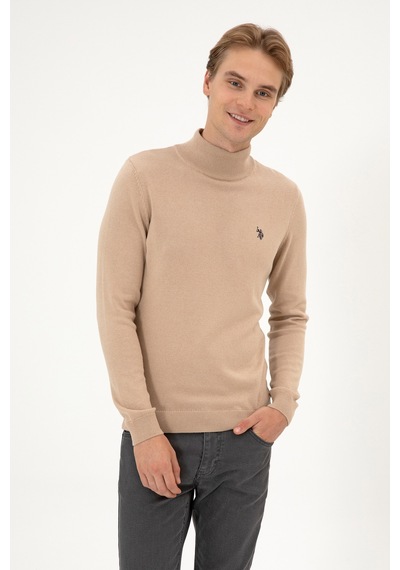 U.S. Polo Assn. Erkek Slim Fit Boğazlı Kum Melanj Basic Kazak 50313712-VR123