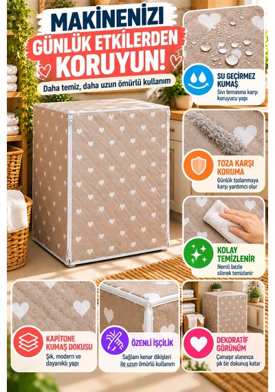 Kalp Desenli Çamaşır Makinesi Kılıfı Bej Kapitone Su Geçirmez Çift Fermuarlı 63x58x84 Cm Koruyucu Ev Kahverengi - Beyaz Kalp Desenli Çamaşır Makinesi Kılıfı Bej Kapitone Su Geçirmez Çift Fermuarlı 63x58x84 Cm Koruyucu Ev Kahverengi - Beyaz
