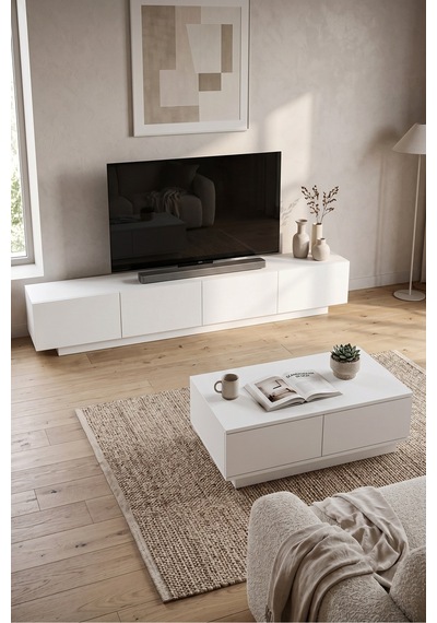 Yurudesign Yoda 200cm Tv Ünitesi Orta Sehpa 2'li Set Beyaz Yd26-w