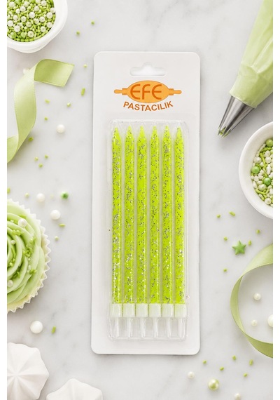 Neon Yeşil Gümüş Simli Uzun Pasta Mumu 17 Cm Karışık