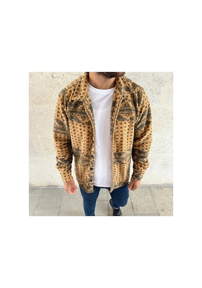 Erkek Düğmeli Gömlek Polar Sweatshirt Yumuşak Dokulu Oversize Kalıp -sarı