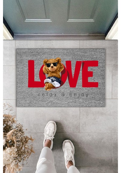Rugmood Modern Dijital Baskı Paspas - Ayıcık Love - Kapı Önü Paspası 70x45cm Gri
