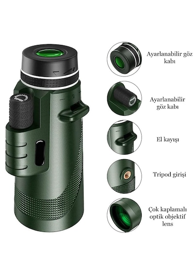 80x100 Hd Zoom Tek Göz Monoküler Teleskop Taşınabilir Dürbün Yeşil