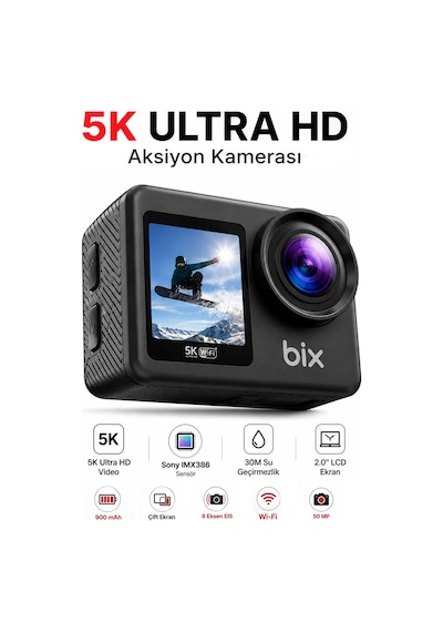 Exenar - Siyah - 5k Aksiyon Kamerası Wi-fi 50mp Çift Ekran Su Geçirmez Kılıflı Vlog Kamerası Eıs Sony Imx386 Sensörlü