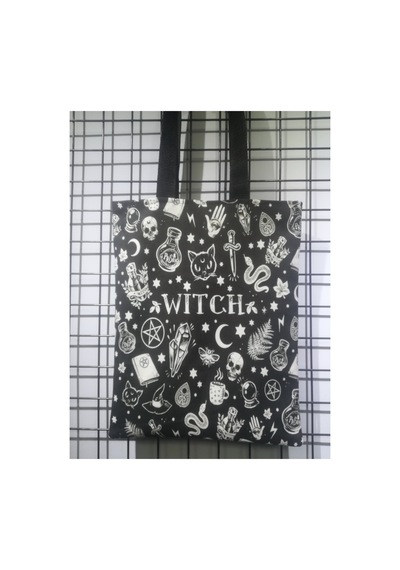 Owl Bag Gotik Tarz -witch And Skulls Desenli Tasarım Kumaş Omuz Çantası Siyah Beyaz