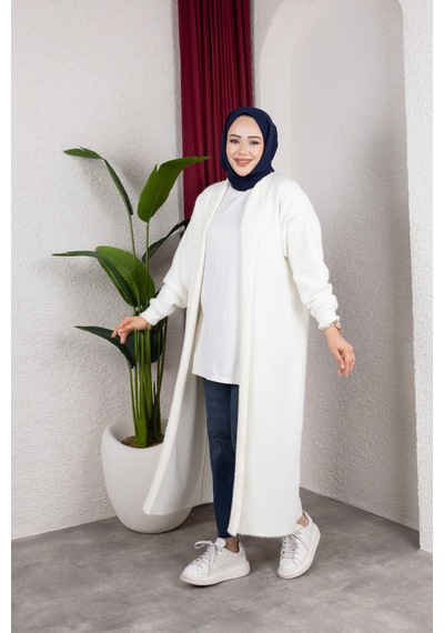 Hira Life Fashion Kadın Şal Yaka Uzun Triko Ve Sakallı Tüylü Hırka Krem Krem