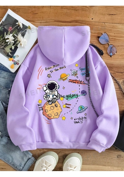 Startmore Mor Unisex Kadın/erkek Galaxy Renkli Özel Baskılı Pamuklu Oversize Kapüşonlu