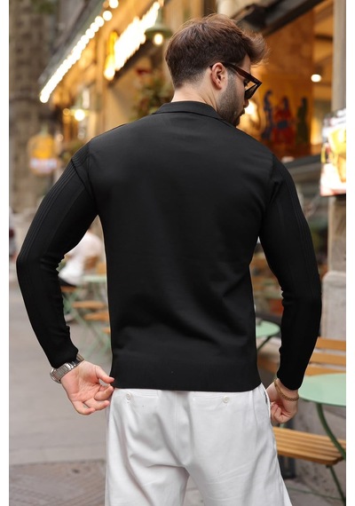 Madmext Siyah Polo Yaka Slim Fit Erkek Triko Kazak E7527