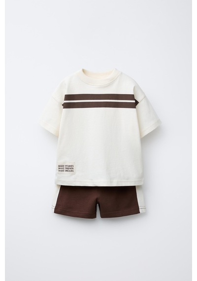 Magu Çocuk Pamuklu Ekru Kahverengi Şeritli T-shirt Şort Takım Çok Renkli