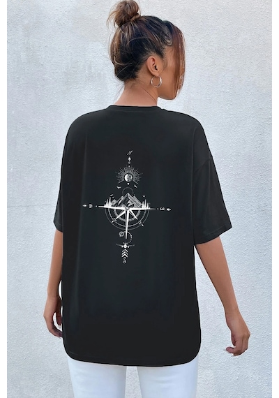 Unisex Yön Gösteren Baskılı Tasarım Tshirt Siyah
