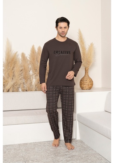 Sude Homewear Erkek Uzun Kol Pijama Takımı Kahverengi