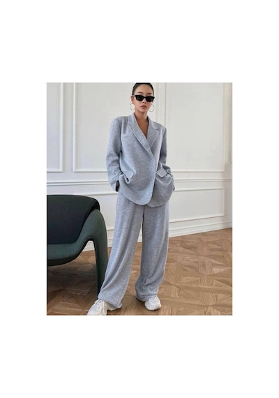 Mayrem Kadın Oversize Blazer Ceketli Rahat Gri Eşofman Takım