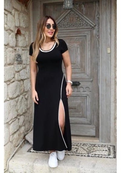 Efnaz Style Kadın Yuvarlak Ribana Yaka Beyaz Yırtmaç Detaylı Viskon Tam Boy Elbise Siyah