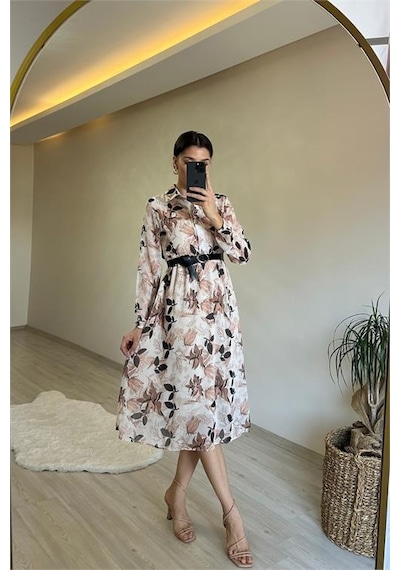 Neşeli Butik Kadın Desenli Gömlek Yaka Midi Elbise Nm011 Bej
