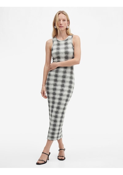 Koton Slim Fit Bisiklet Yaka Midi Boy Ekose Bodycon Elbise Altın Çizgili 6sak80061uk