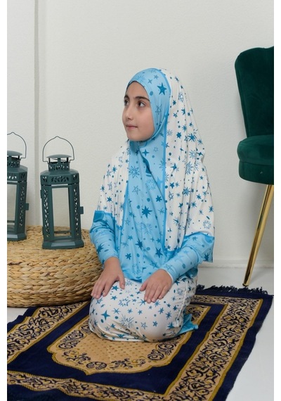 Çocuk Namaz Takımı Pratik İki Parça Desenli Kollu Tak Çıkar Başörtülü Likralı Tesettür Elbise 6-12 Yaş 901-0301 Çok Renkli