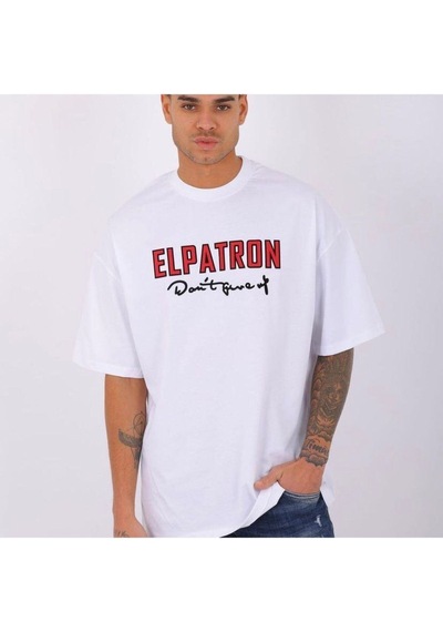 Flood Of Style Erkek Beyaz Elpatron Baskılı Oversize Bisiklet Yaka Tshirt