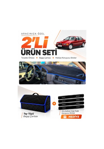Bmw 3.20i E36 Aırbagsiz 1990-2000 Uyumlu Torpido Örtüsü + Tay Tüyü Çanta Seti - Siyah Mavi