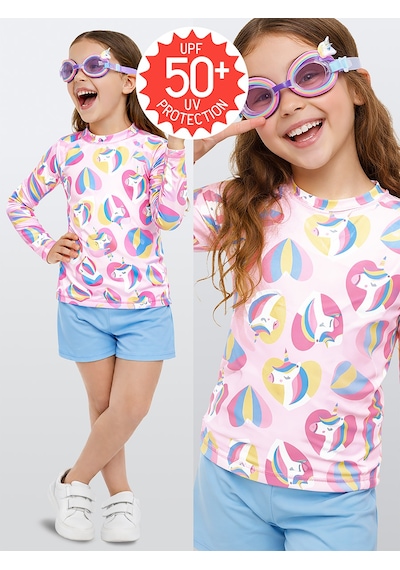 UV Korumalı Kız Çocuk Mayo T-shirt UVP+50 Faktör Koruma Uzun Kollu Unicorn