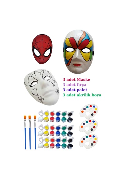 3 Adet Karton Maske Boyama Faaliyeti, Resim Başlangıç Seti, 3erli Set, Maske Boyama Seti