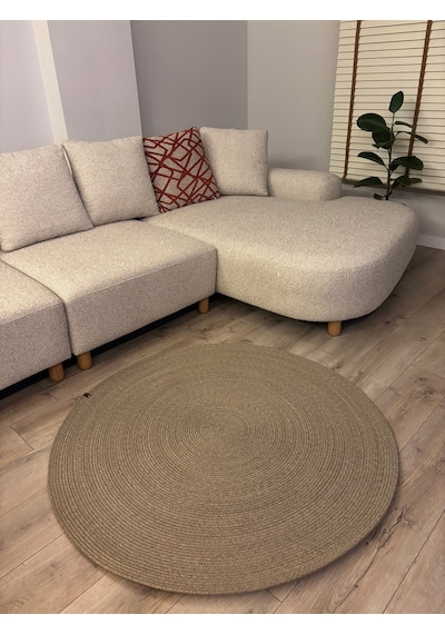 Mavaux Taş Rengi Jüt Yuvarlak Hasır Görünümlü Klasik Halı Kilim Taş