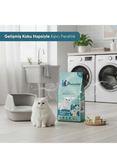 Süper Beyaz Doğal Bentonit Topaklanan Kedi Kumu Marsilya Sabunu Kokulu 5 Lt