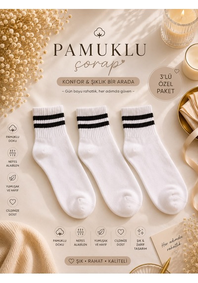 Çorap Vitrini 3'lü Paket Unisex Çift Çizgili Beyaz Pamuklu Tenis Spor Çorabı Seti