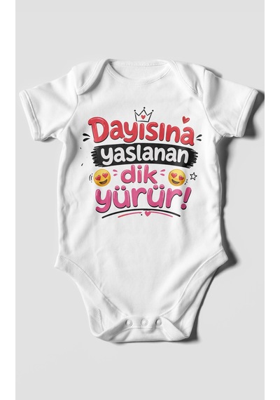 Morivokids Dayısına Yaslanan Dik Yürür Kısa Kollu Bebek Body %100 Pamuk Zbn255-kk Beyaz