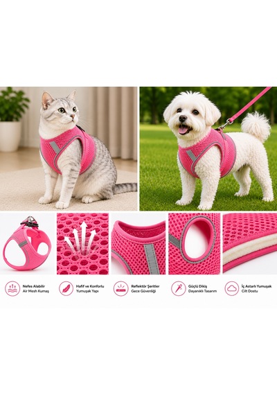 Nefes Alan Kumaş Air Mesh Kedi Köpek Göğüs Tasması Xx Small 28x32 Cm Neon Pembe