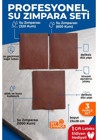 23x28 Cm Su Zımparası Seti 320 600 1000 Kum 3 Parça Islak Kuru Yüzey Zımparası + Eldiven