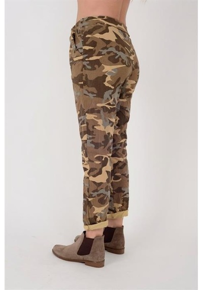 Eren Style Italyan Beli Bağlamalı Kamuflaj Desenli Dar Paça Pantolon-9078 Camel