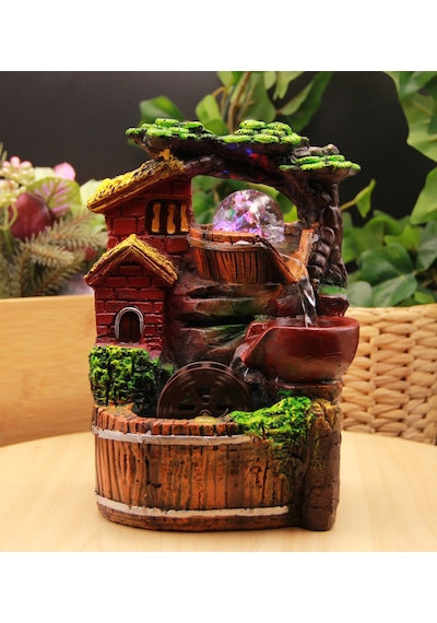 Dekoratif Değirmen Tasarımlı Renkli Led Işıklı Su Şelalesi - Ev Figürlü