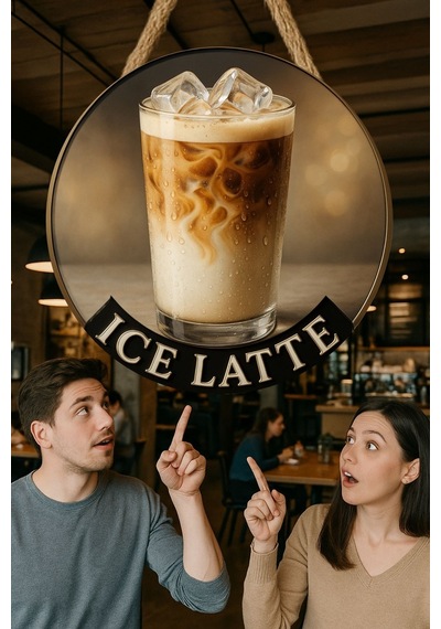 Ice Latte Temalı Yuvarlak Cafe Tabelası, Jüt İpli Ahşap Duvar & Kapı Dekoru, Barista Tarzı Süs