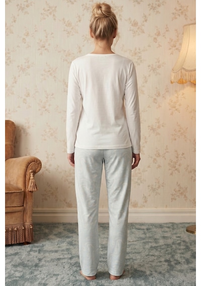 Siyah İnci Ekru Desenli V Yaka Nakışlı Viskon Örme Pijama Takım 26224647
