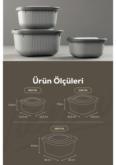 Vienev Mikrodalga Ve Difrize Uygun Vip Kapaklı Özel Saklama Kabı Seti Antrasit 3'lü Antrasit