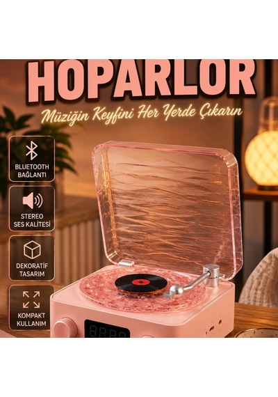 Retro Plak Çalar Tasarımlı Gece Işıklı Bluetooth Hoparlör Kristal Net Ses
