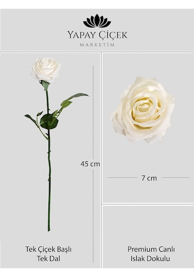 Beyaz Yapay Gül Tek Dal Premium Canlı Islak Dokulu 45 Cm